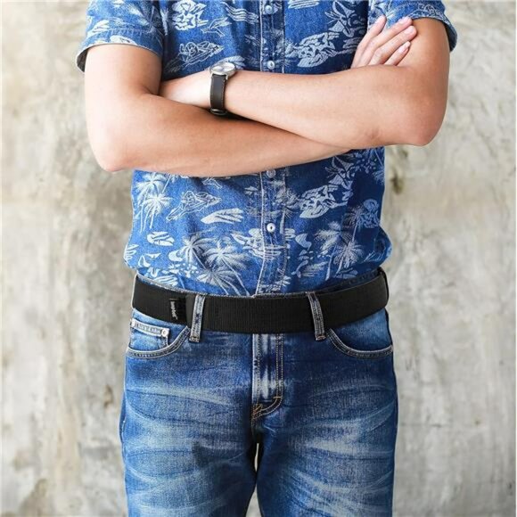 Black Web Belt No Buckle Adjustable Hook Loop Rubber Tip Nickel Free Strap - Picture 4 of 5